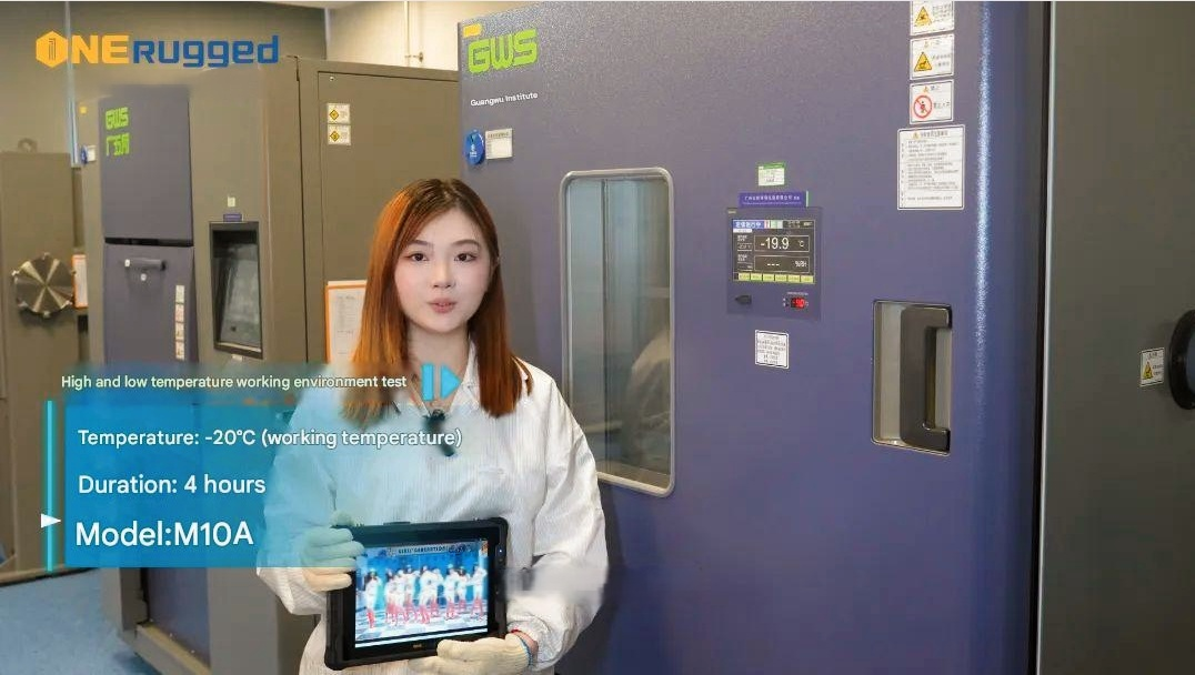 ONErugged’s rugged tablet operates flawlessly in a -20°C low-temperature test, covered in frost yet fully functional.