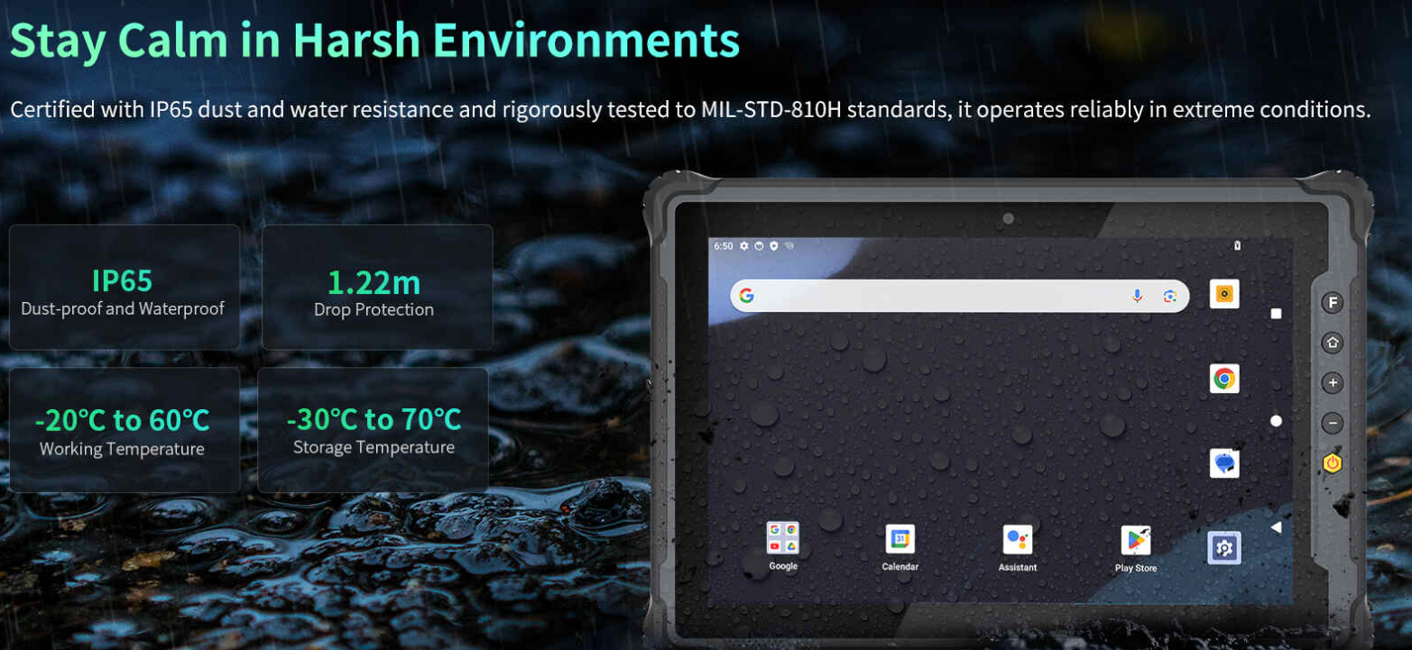 The M105Q boasts an impressive IP65 rating and drops The M105Q boasts an impressive IP65 rating and drops