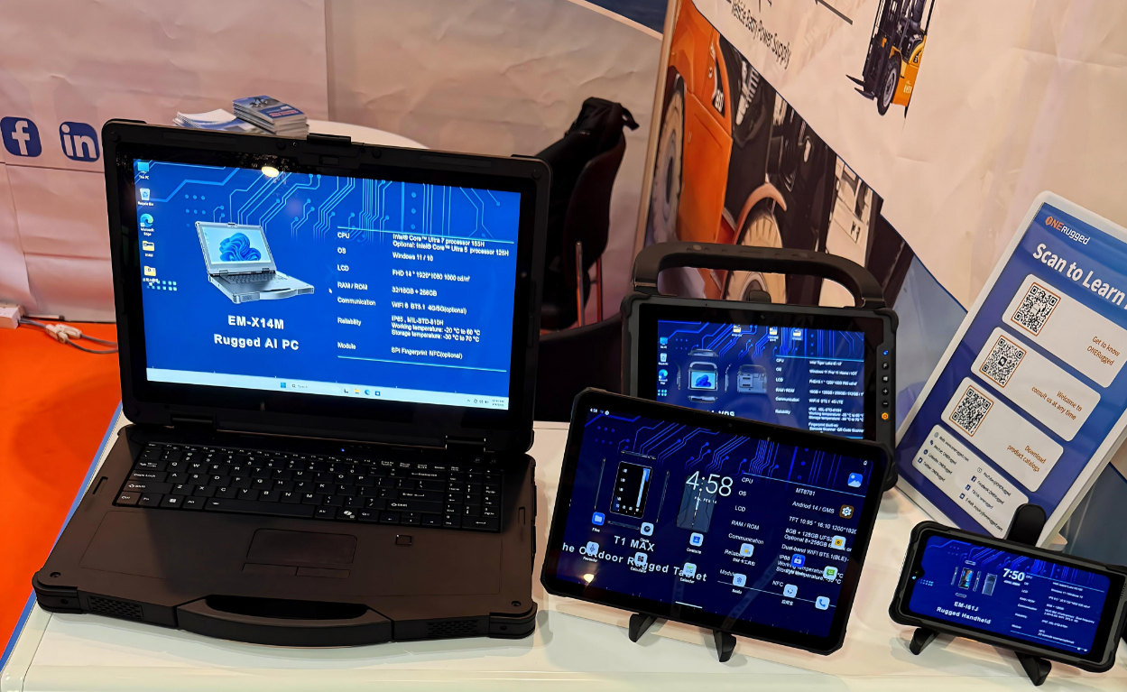 Close-up of the EM-X14M, one of our newest rugged laptops with mil-std-810h certification, displayed live at the Singapore exhibition Close-up of the EM-X14M, one of our newest rugged laptops with mil-std-810h certification, displayed live at the Singapore exhibition