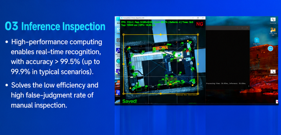 The system achieves an inspection accuracy rating of ≥ 99.5% (climbing up to 99.9% in optimized typical environments) The system achieves an inspection accuracy rating of ≥ 99.5% (climbing up to 99.9% in optimized typical environments)