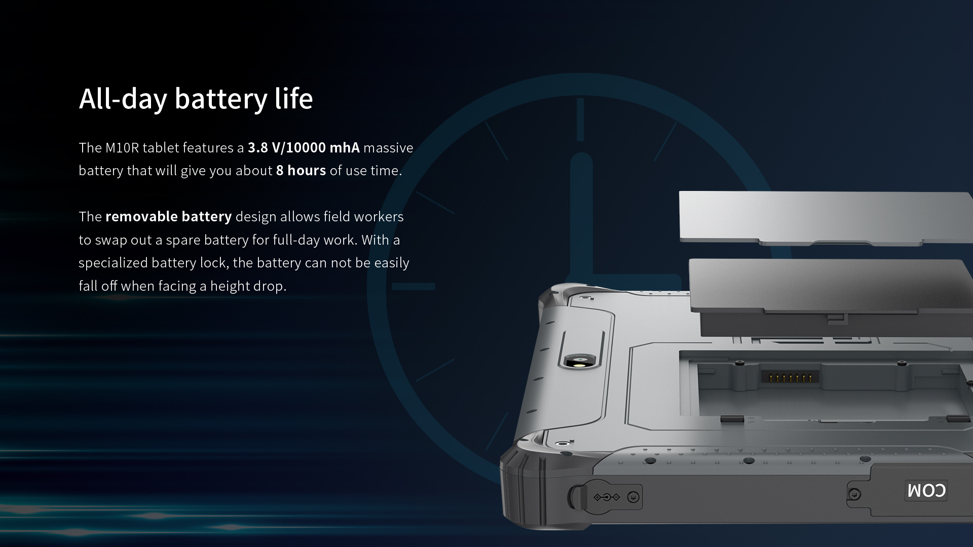The Ml0R tablet features a 3.8 V/10000 mhA massivebattery.