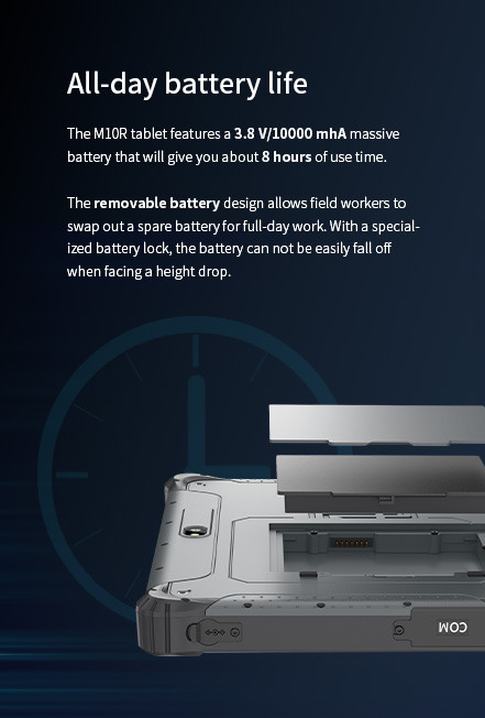 he Ml0R tablet features a 3.8 V/10000 mhA massivebattery.