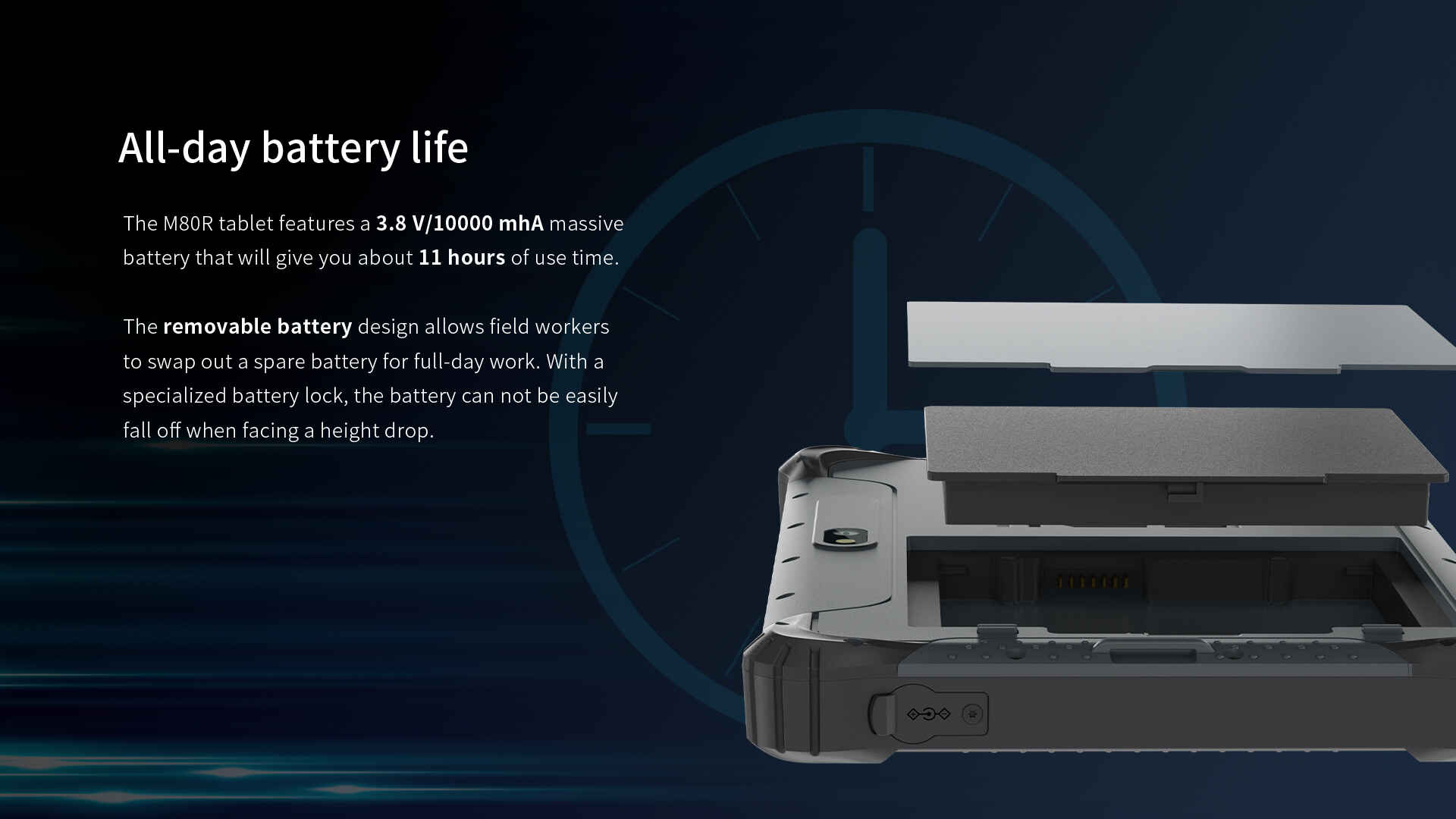 The M80R tablet features a 3.8 V/10000 mhA massive