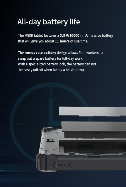 The M80R tablet features a 3.8 V/10000 mhA massive