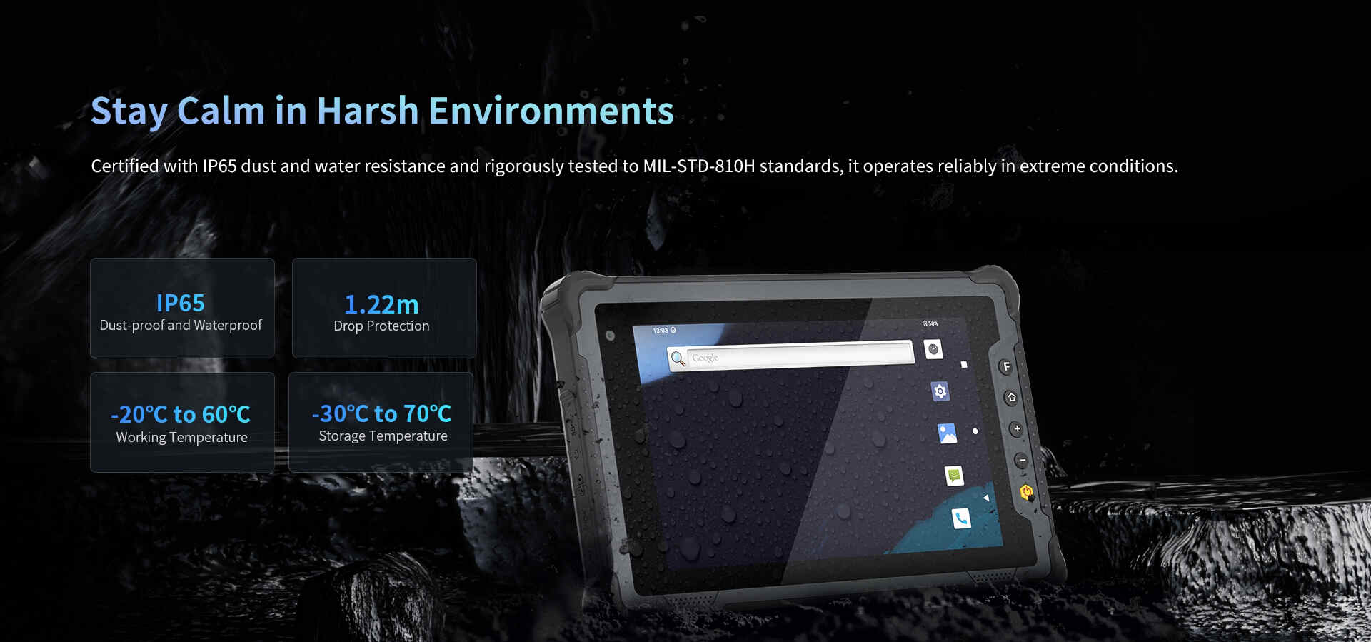 Certified with lP65 dust and water resistance and rigorously tested to Ml-STD-810H standards
