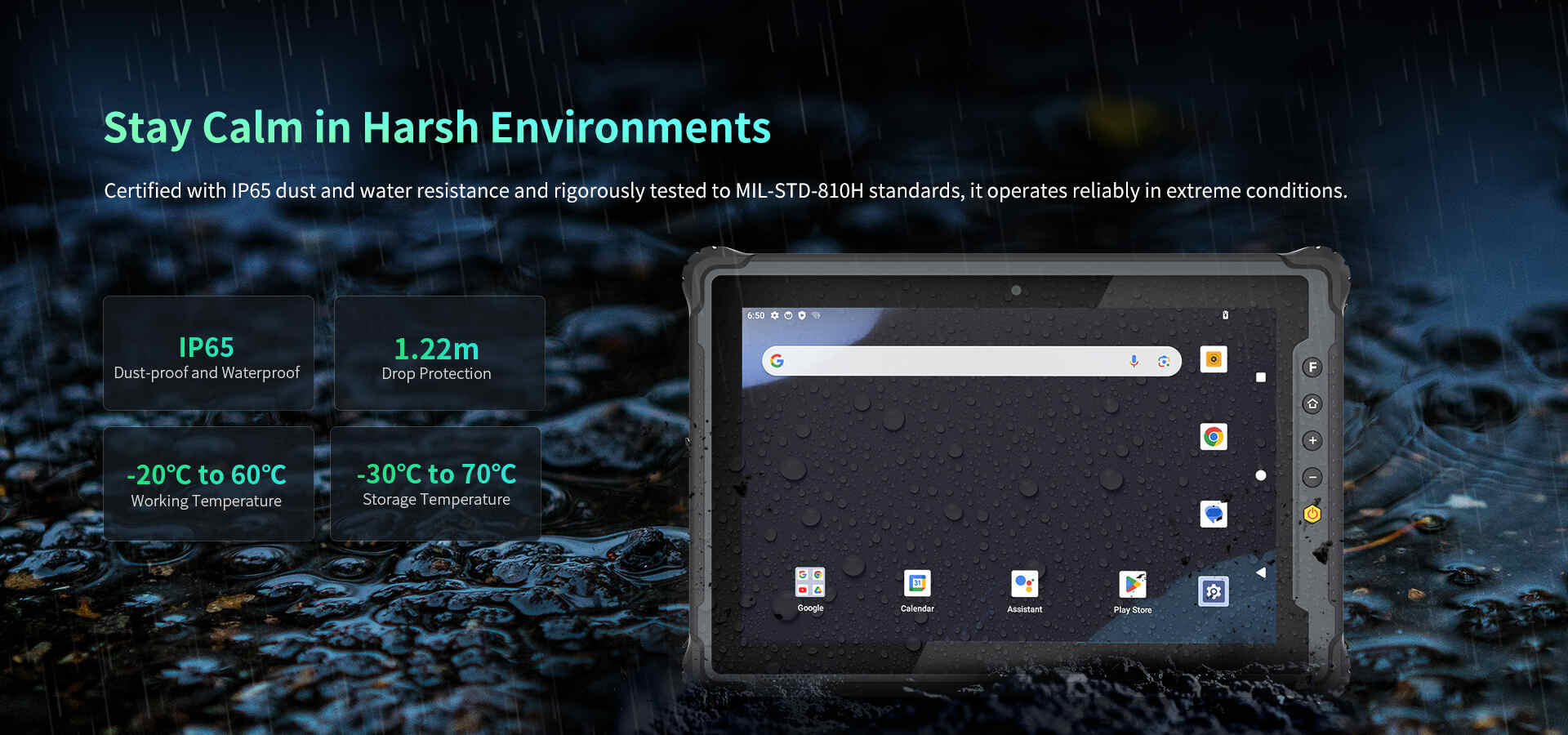 Certified with lP65 dust and water resistance and rigorously tested to Ml-STD-810H standards