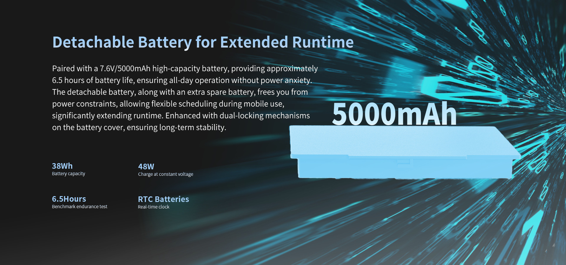 Paired with a7.6V/5000mAh high-capacity battery