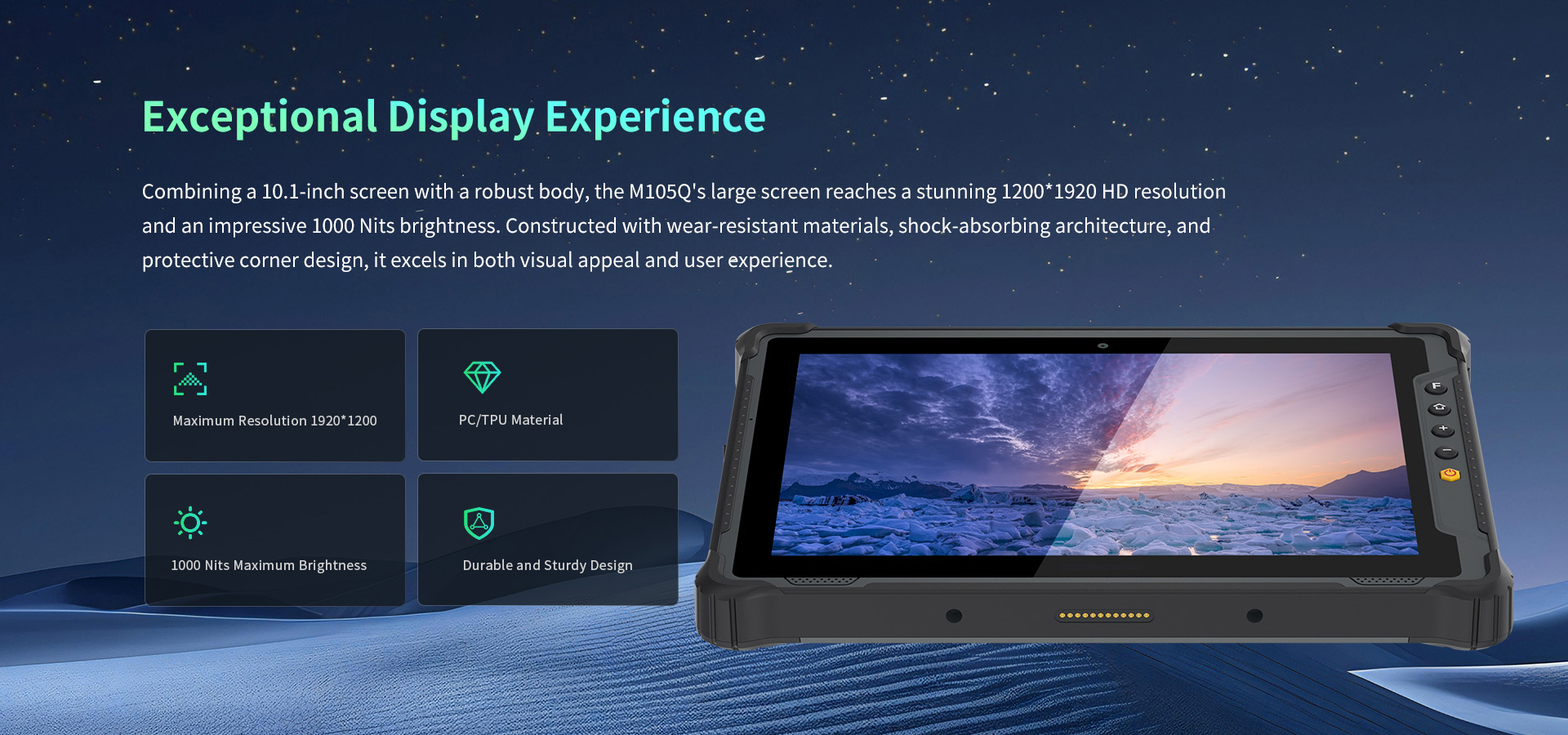 The M805Q tablet's 8-inch, 1200x1920 HD display with 1000 nits brightness and rugged, shock-absorbing corners. The M805Q tablet's 8-inch, 1200x1920 HD display with 1000 nits brightness and rugged, shock-absorbing corners.