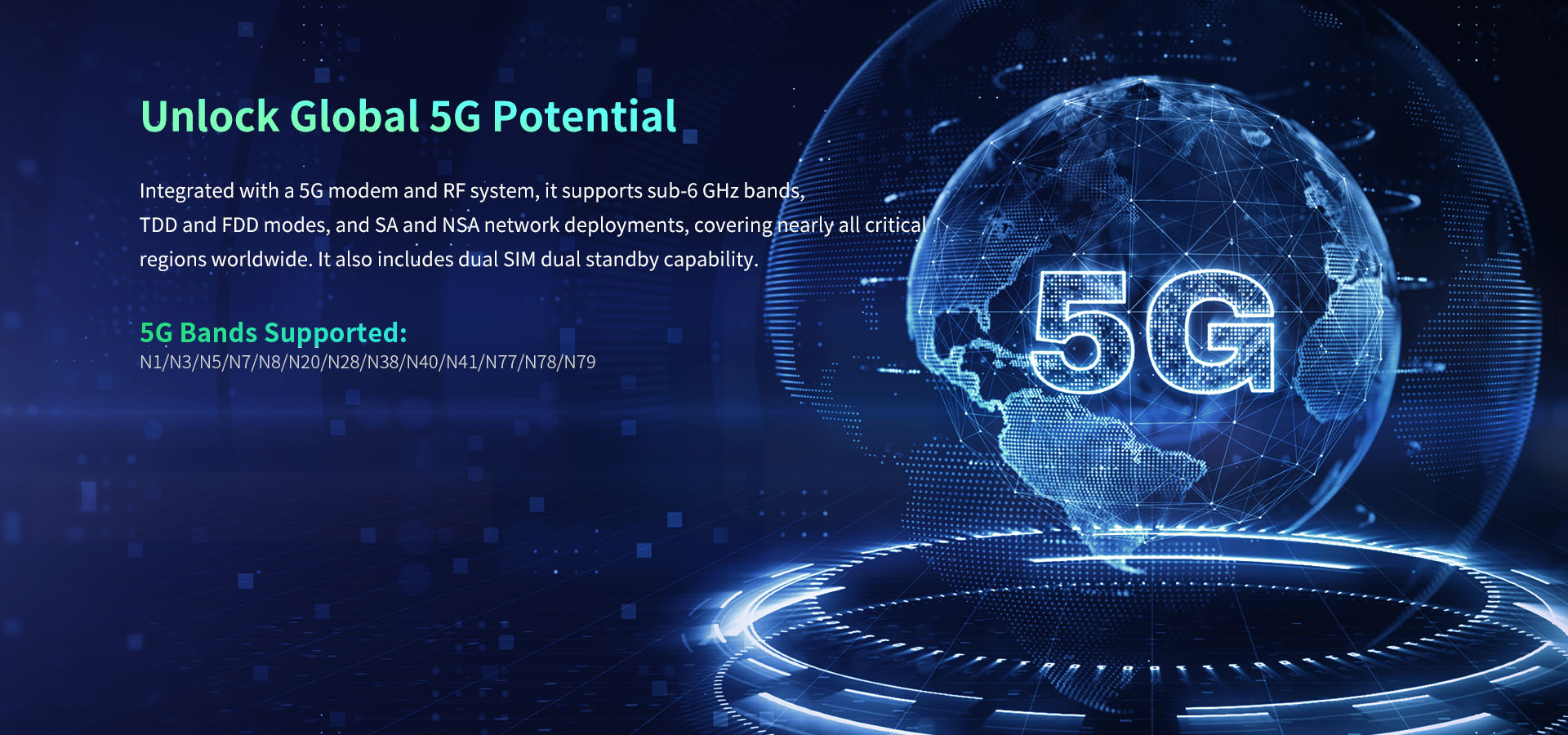 Infographic on global 5G connectivity, detailing SA/NSA network support, TDD/FDD modes, and Dual SIM dual standby. Infographic on global 5G connectivity, detailing SA/NSA network support, TDD/FDD modes, and Dual SIM dual standby.