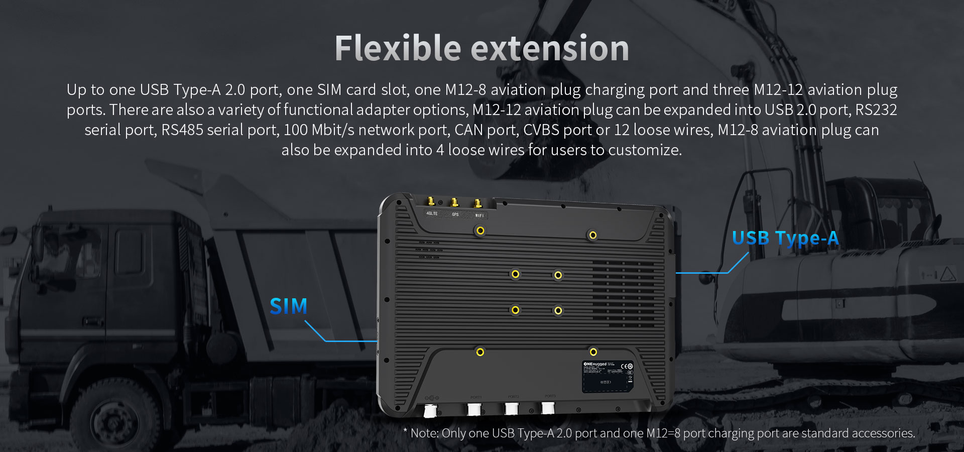 expandable vehicle terminal V10T with M12 aviation plug and customizable rugged Android tablet ports