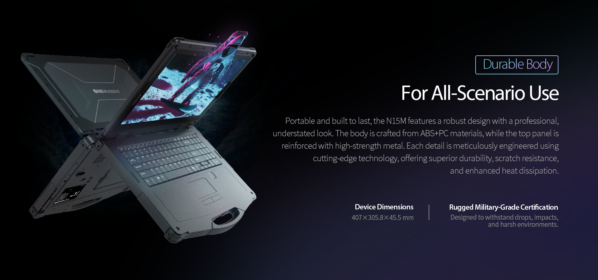 N15M rugged AI laptop with durable ABS+PC and metal reinforcement meeting military standards
