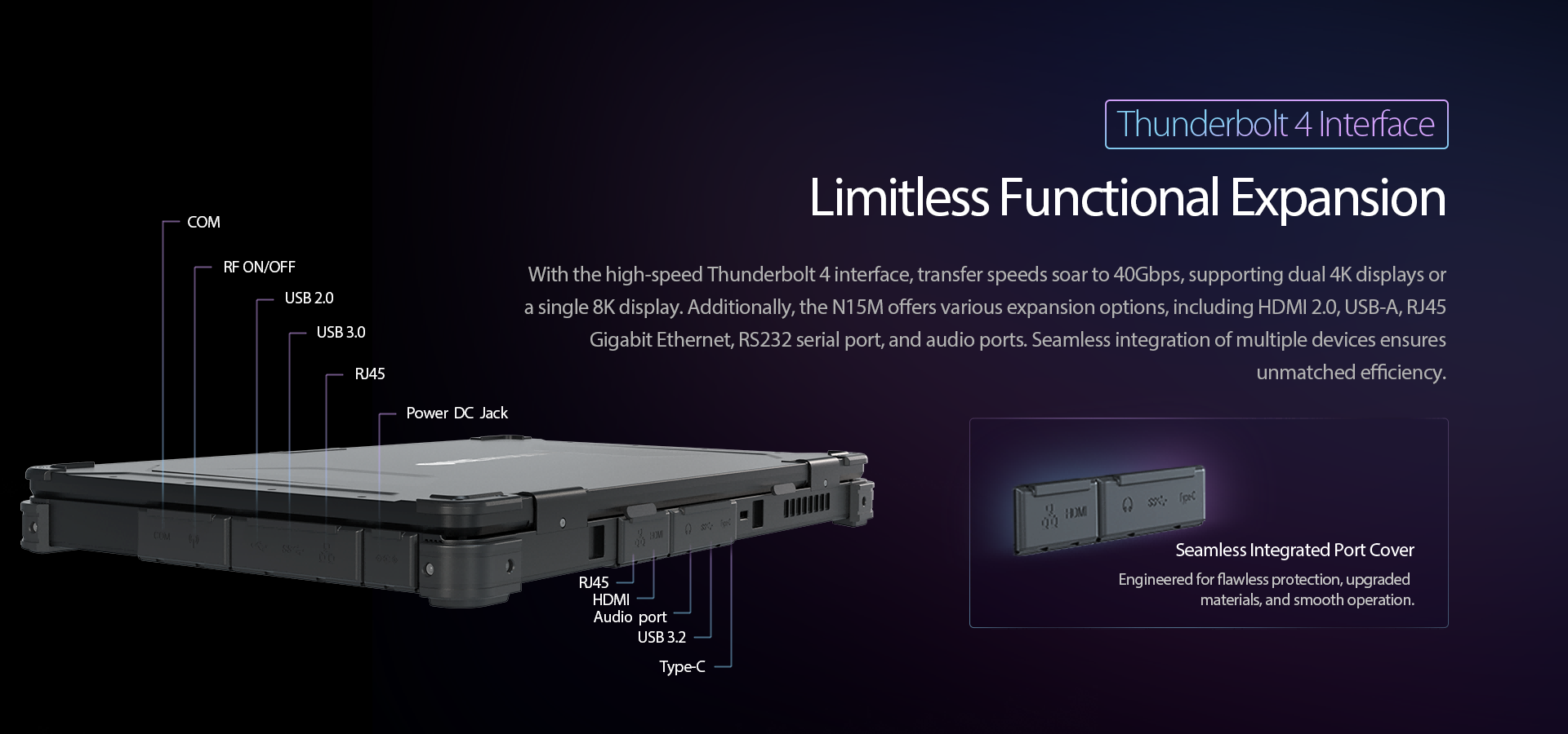 N15M rugged AI notebook features Thunderbolt 4 interface and full industrial port array with RS232 COM and HDMI