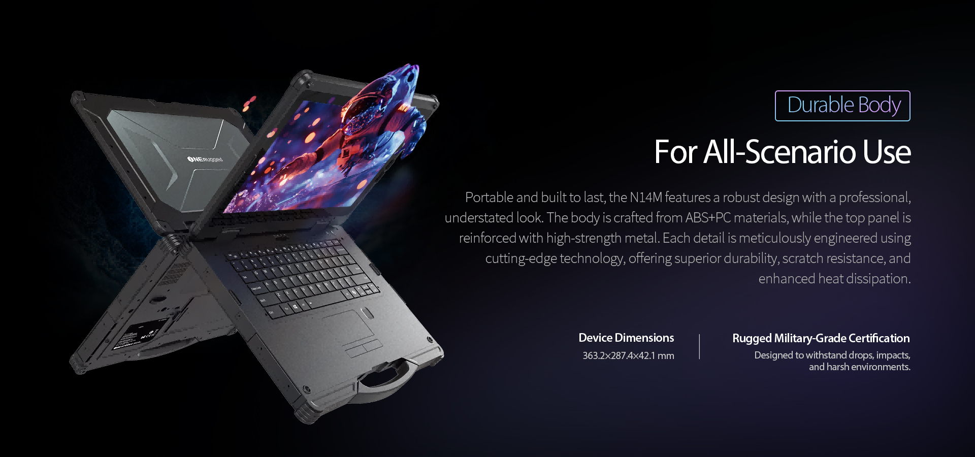 EM-X14M rugged laptop durable body military-grade certification and dimensions