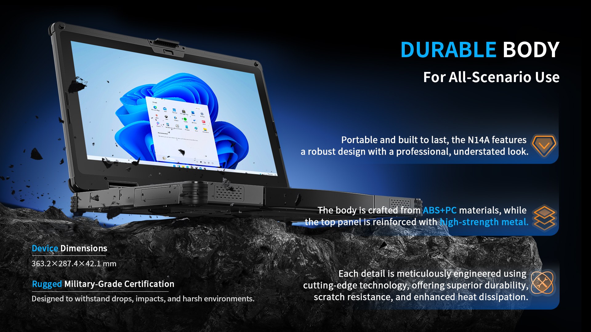 N14A military-grade rugged notebook durable ABS+PC and metal body construction