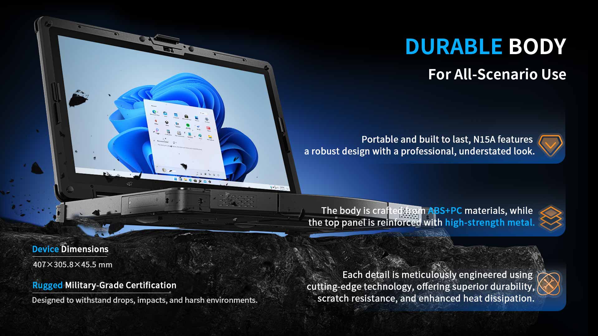 N15A military grade rugged notebook durable body ABS+PC material high strength metal reinforced top panel