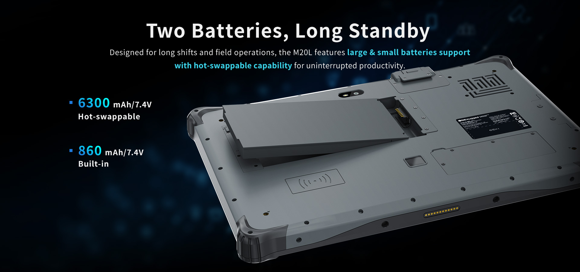 M20L rugged AI tablet with hot-swappable dual-battery design including 6300mAh and 860mAh built-in power capacities