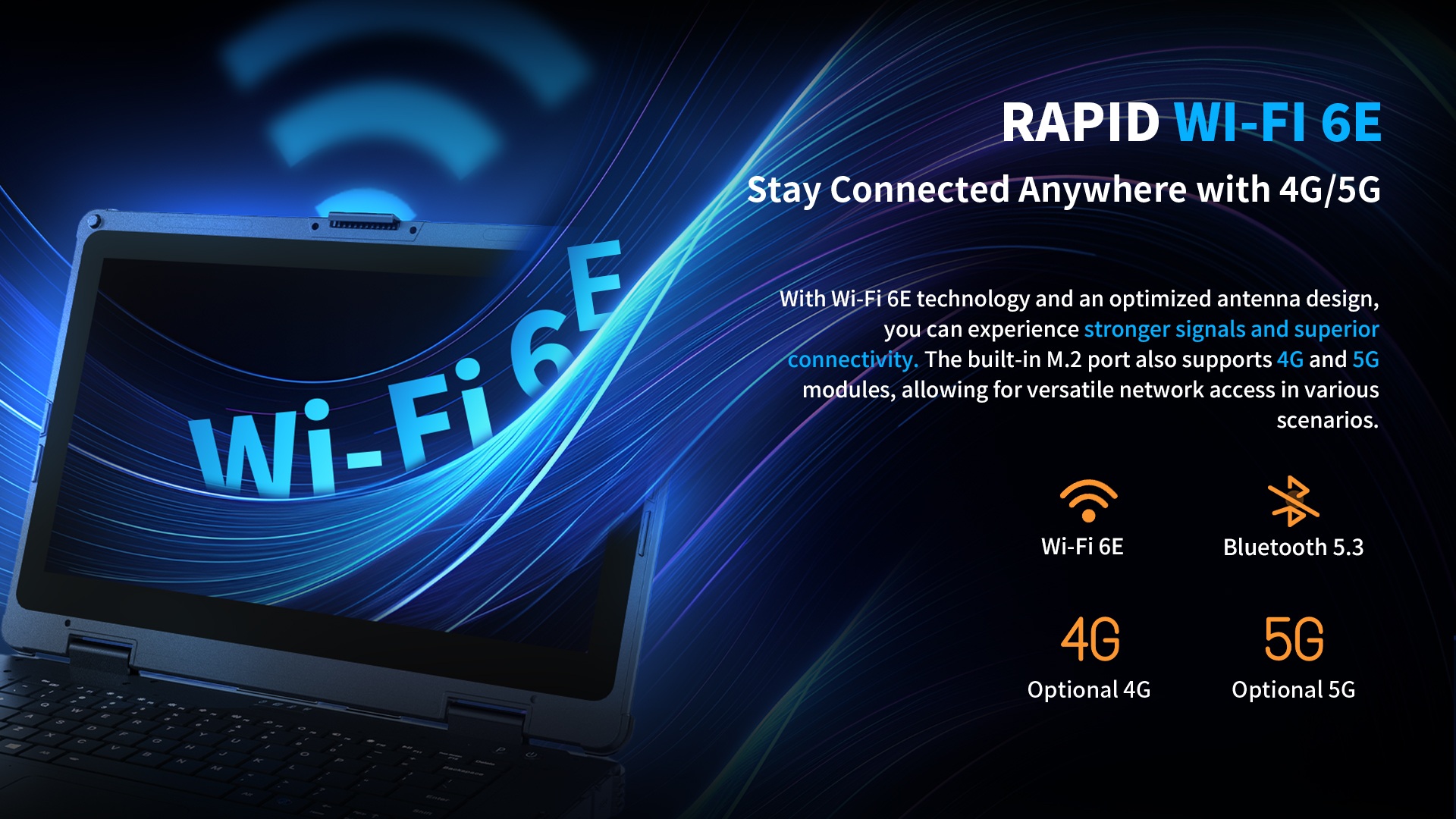 N14A rugged notebook with Wi-Fi 6E 5G 4G LTE connectivity and Bluetooth 5.3 high-speed wireless network