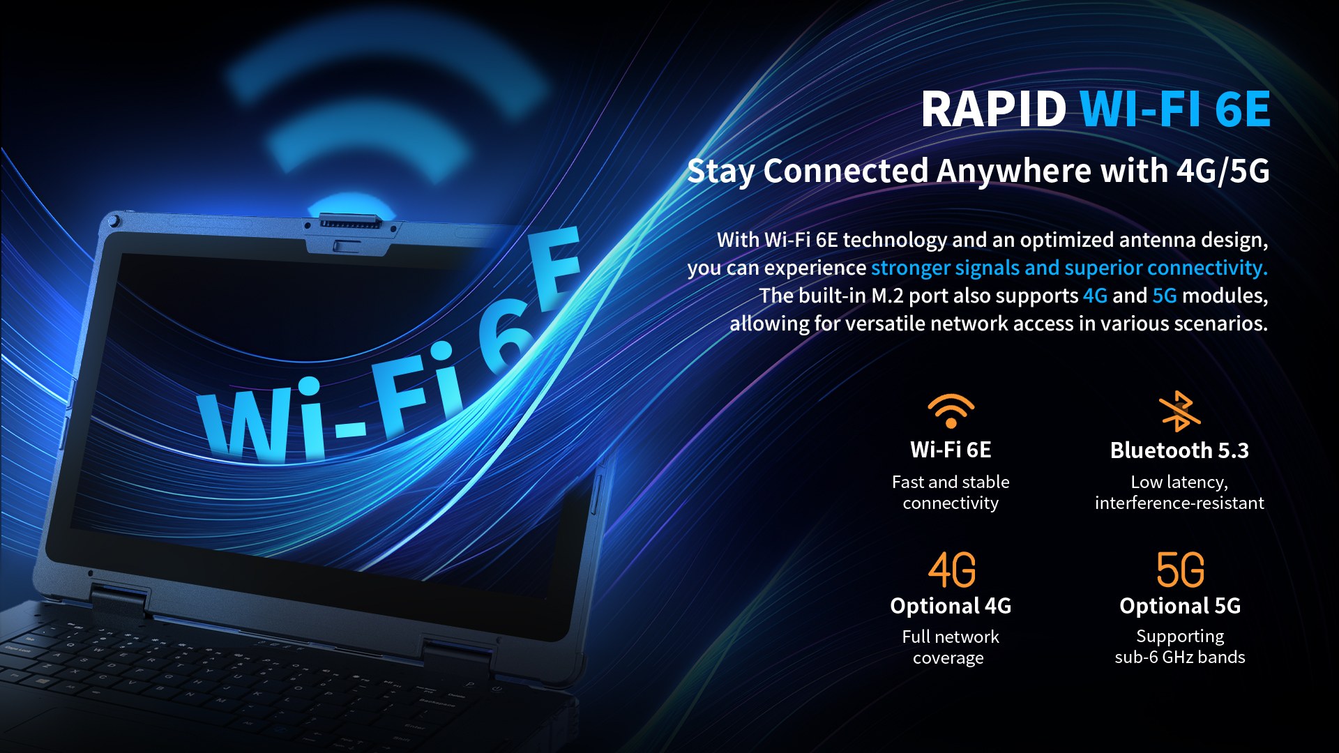 N15A rugged notebook with Wi-Fi 6E 5G 4G mobile connectivity and Bluetooth 5.3 high-speed network