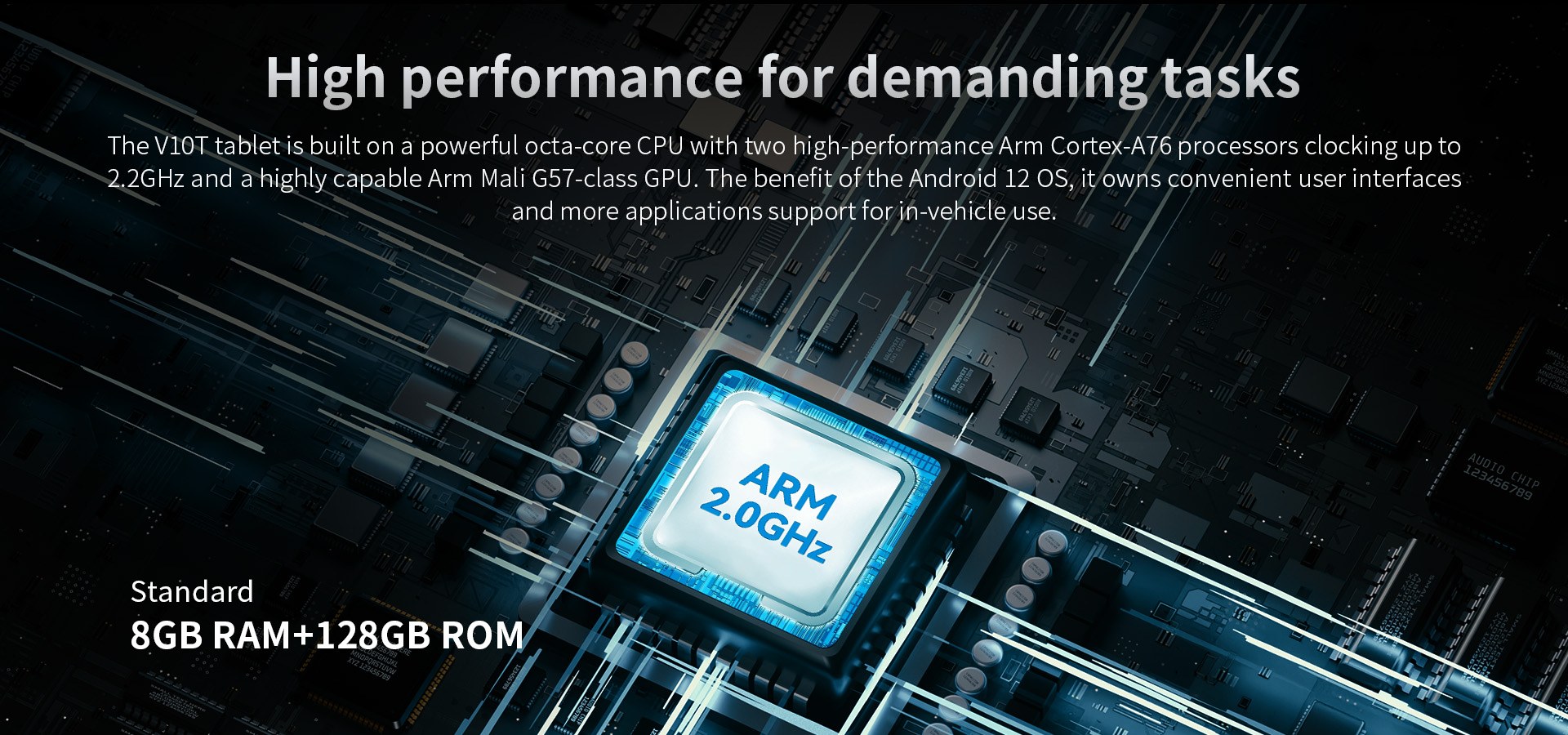 octa-core Android vehicle tablet with 2.2GHz CPU and Mali G57 GPU for in-vehicle performance