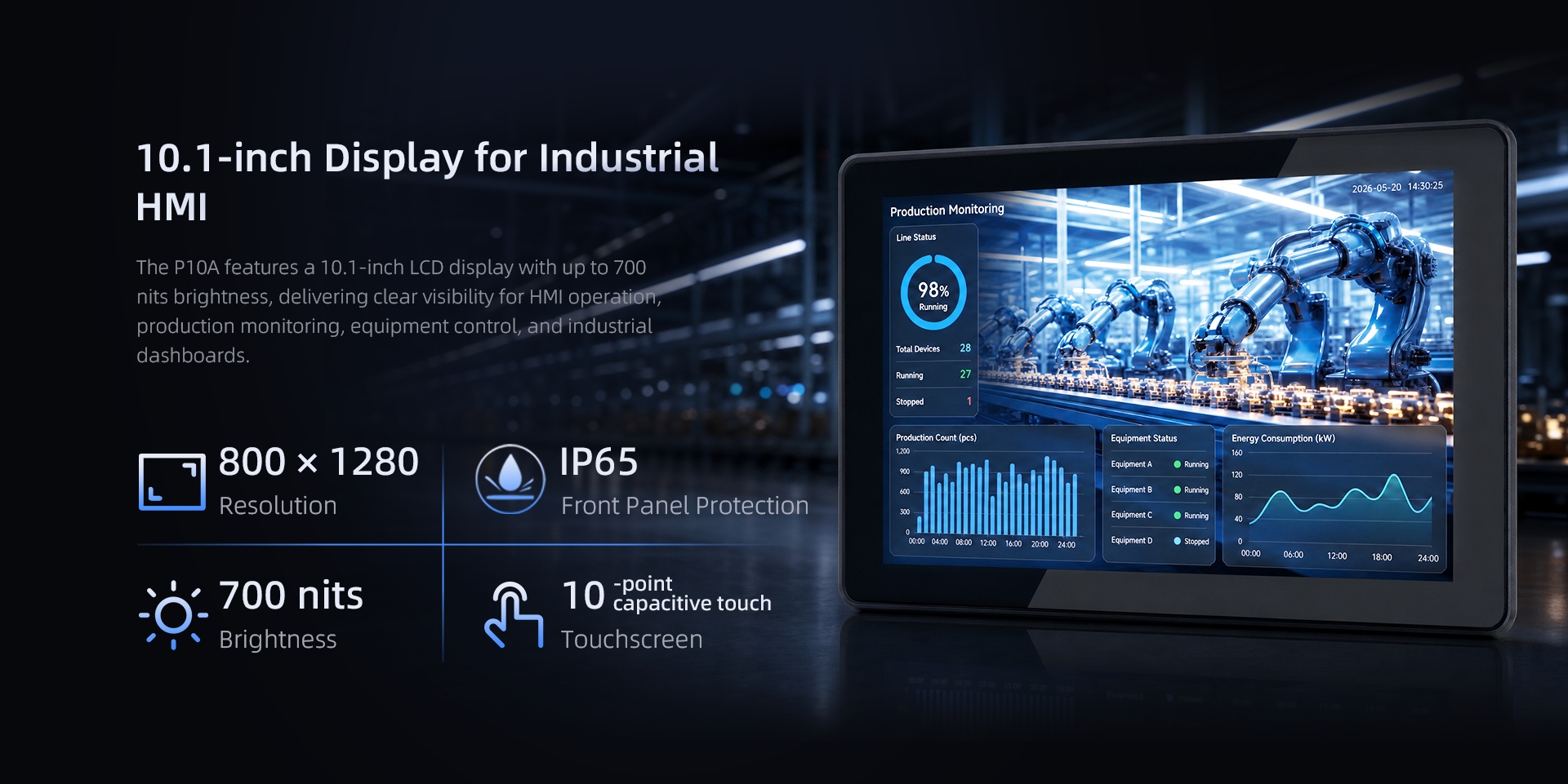 10.1-inch industrial HMI display with 700 nits brightness and IP65 protection