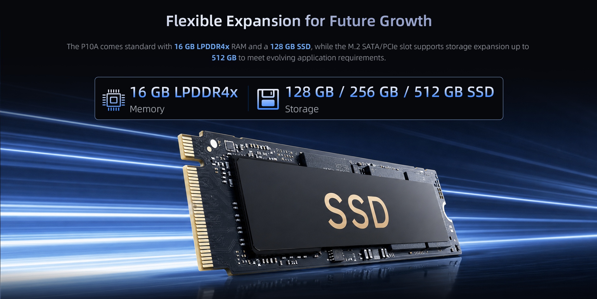 P10A industrial panel PC featuring 16GB LPDDR4x memory and up to 512GB M.2 SSD storage expansion