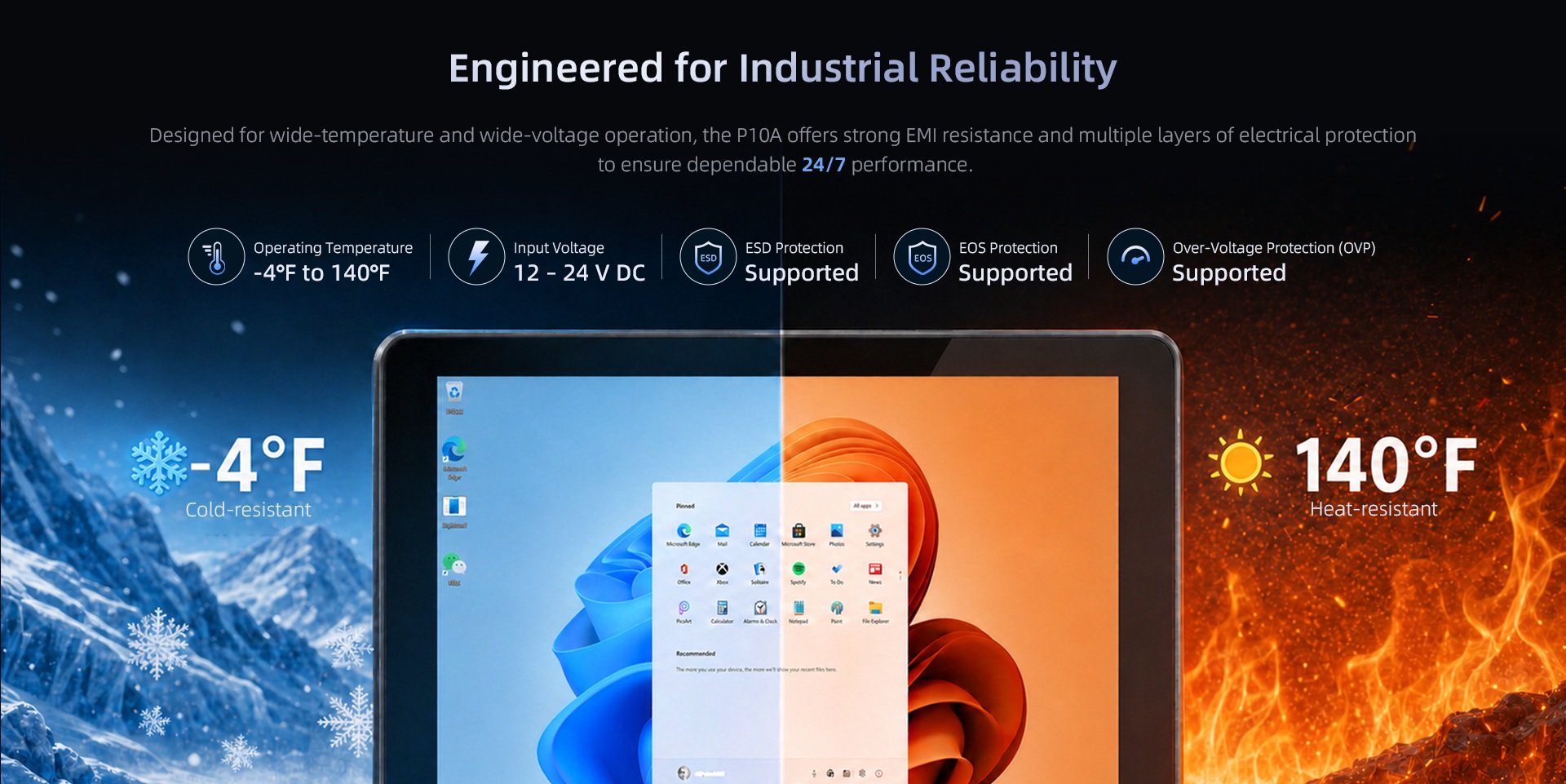 P10A industrial panel PC engineered for wide-temperature operations and comprehensive electrical protection