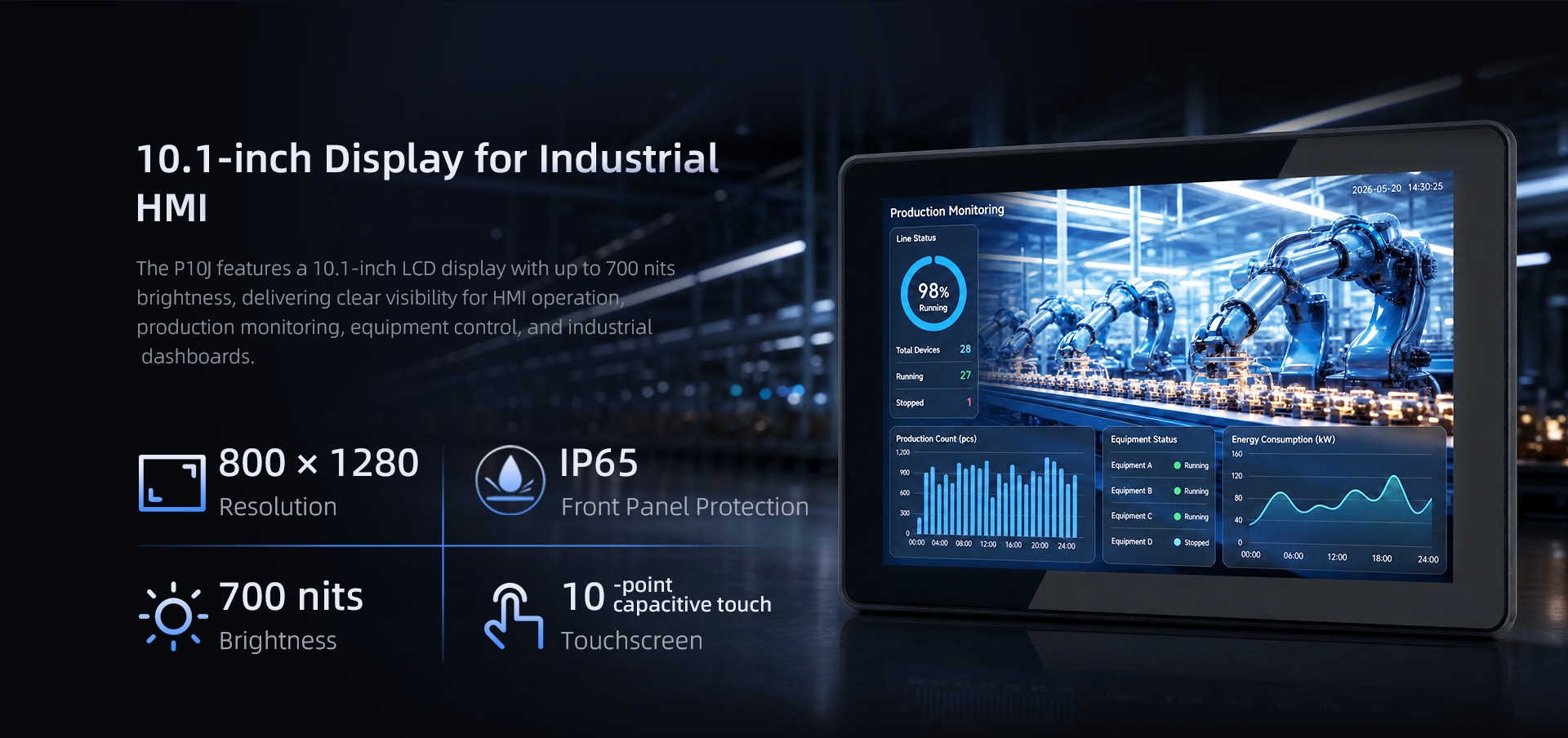 P10J 10.1-inch industrial panel PC with 800x1280 resolution, 700 nits brightness and IP65 front protection