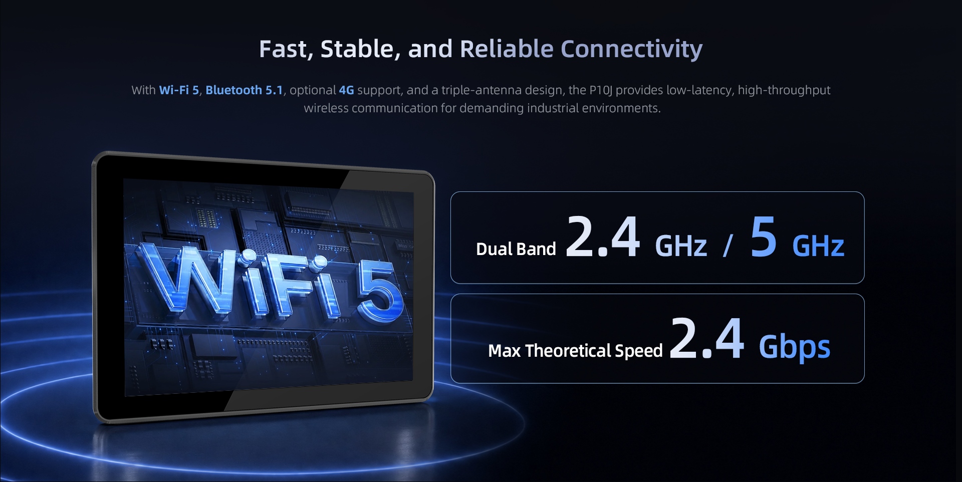 P10J industrial panel PC wireless connectivity featuring Wi-Fi 5, Bluetooth 5.1, optional 4G and dual band 2.4 GHz / 5 GHz support