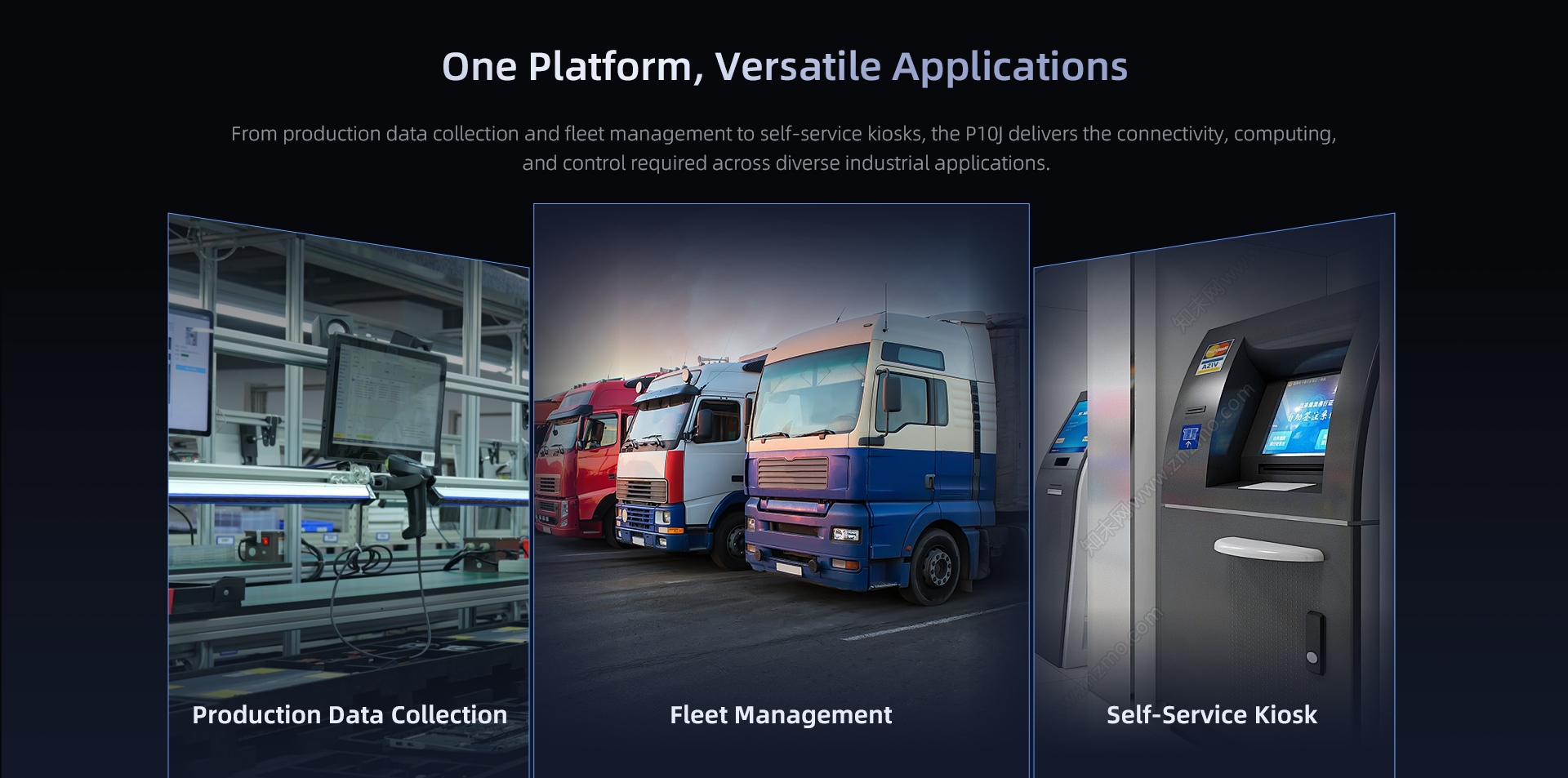P10J industrial panel PC applications covering production data collection, fleet management and self-service kiosks
