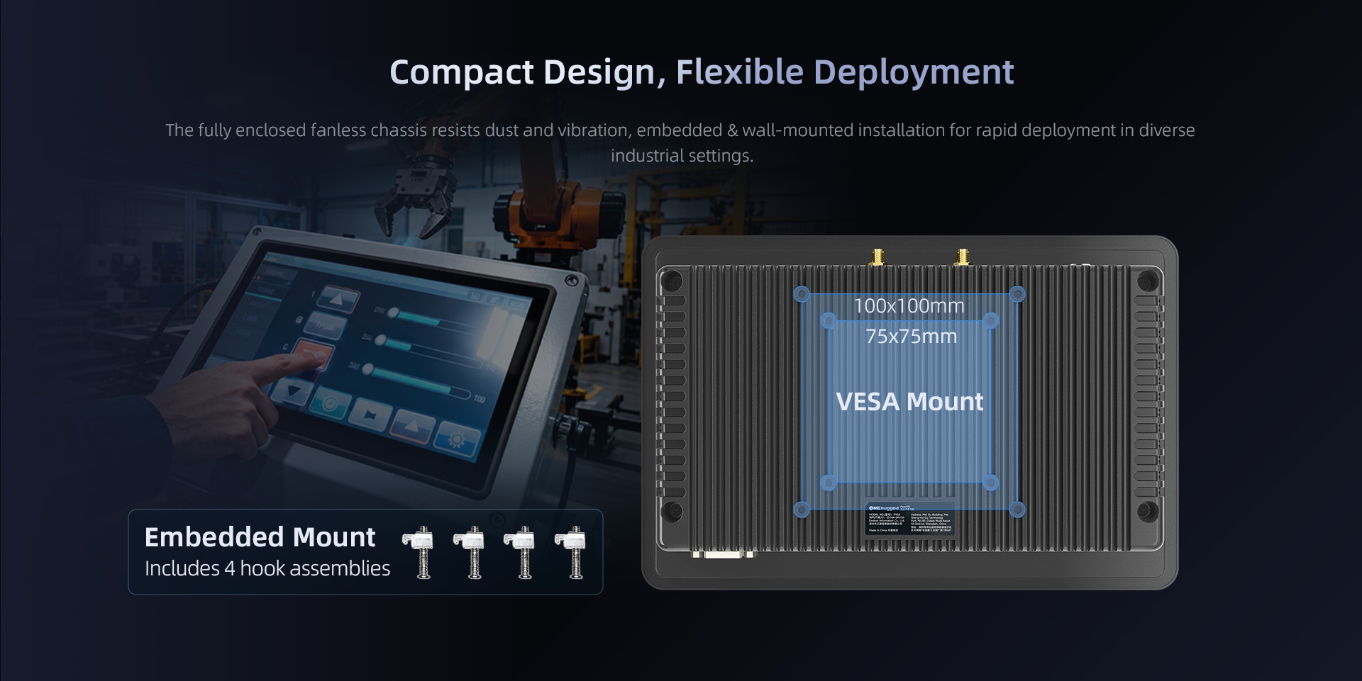 Panel PC P10R compact design with VESA mount 75x75mm 100x100mm and embedded mount hook assemblies for flexible industrial deployment