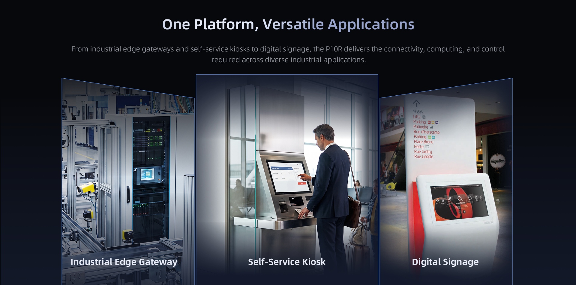 Panel PC P10R versatile applications featuring industrial edge gateway, self-service kiosk, and digital signage deployment