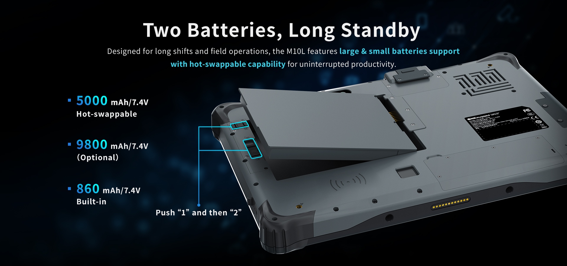 M10L rugged AI tablet with hot-swappable dual-battery design including 5000mAh and 860mAh built-in power capacities