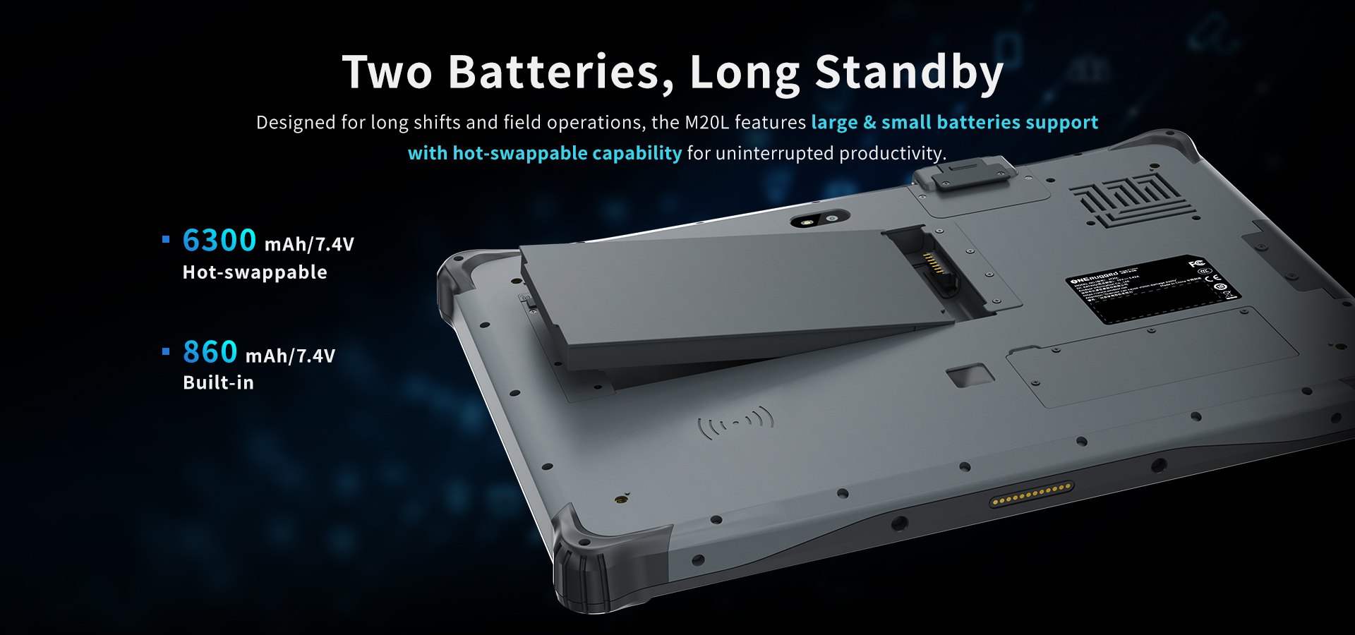 M20L rugged AI tablet with hot-swappable dual-battery design including 6300mAh and 860mAh built-in power capacities